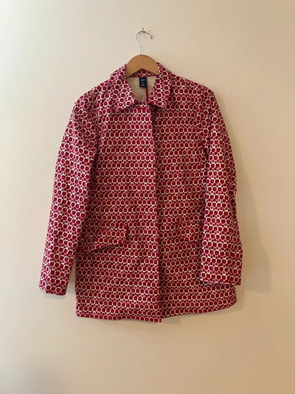 GAP Womens M Rose Print Jacket Cream Red Pink Mackintosh Floral Cotton Coat